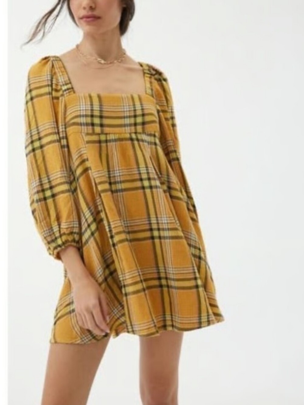 Urban Outfitters Lachlan  yellow black plaid Flannel Smocked Minidress Small